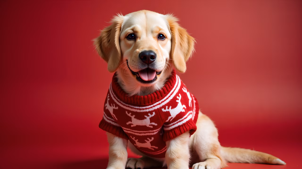 Joyful puppy in festive red sweater against vibrant red backdrop