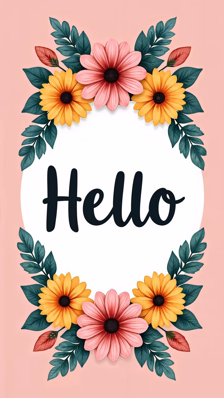 Vibrant floral illustration with 'Hello' text on a pastel pink background.