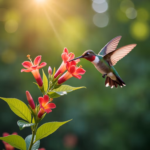 Hummingbird Feeding on Flowers