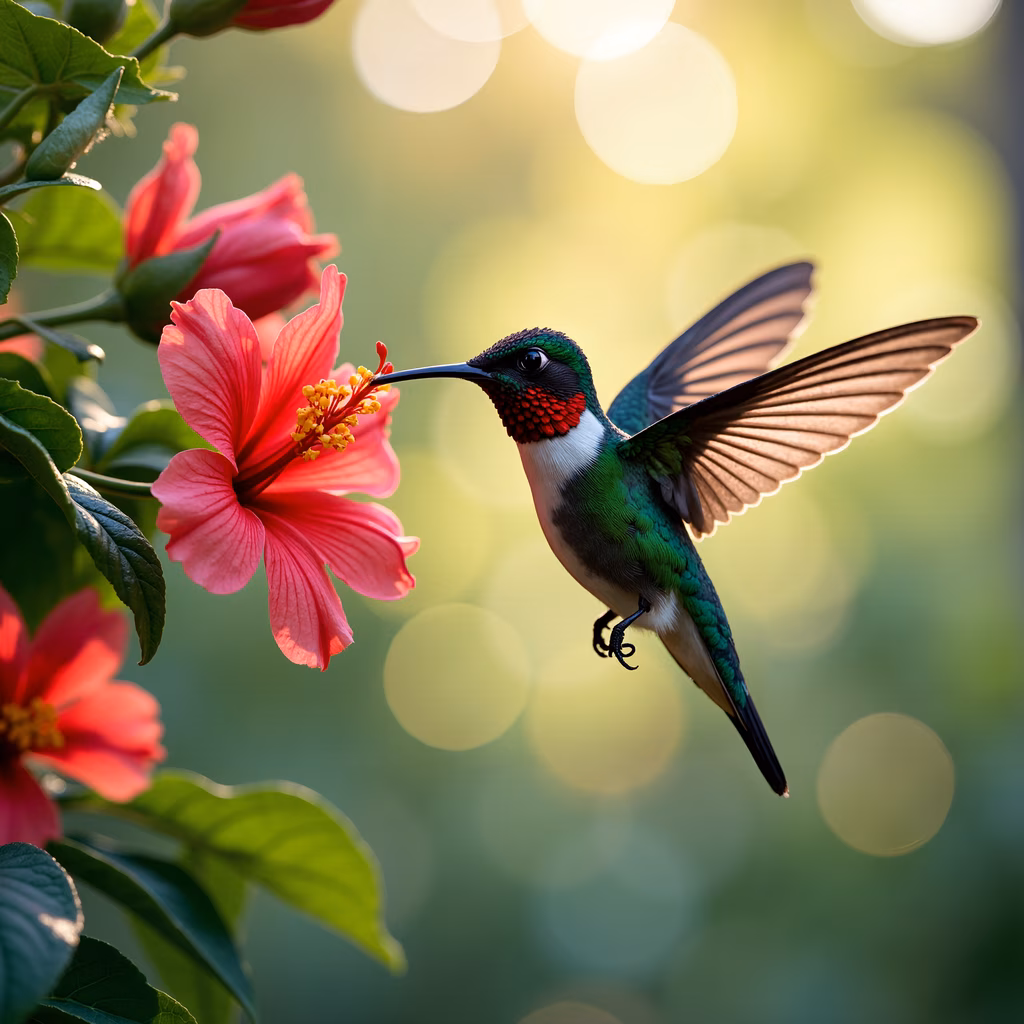 A hummingbird feeding on a hibiscus flower, showcasing nature's delicate beauty.