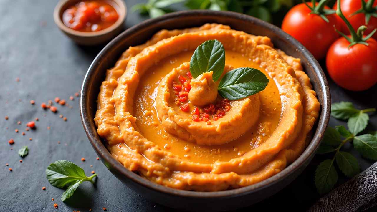 Close-up of creamy hummus bowl garnished with chili flakes and basil, set against a dark stone background.