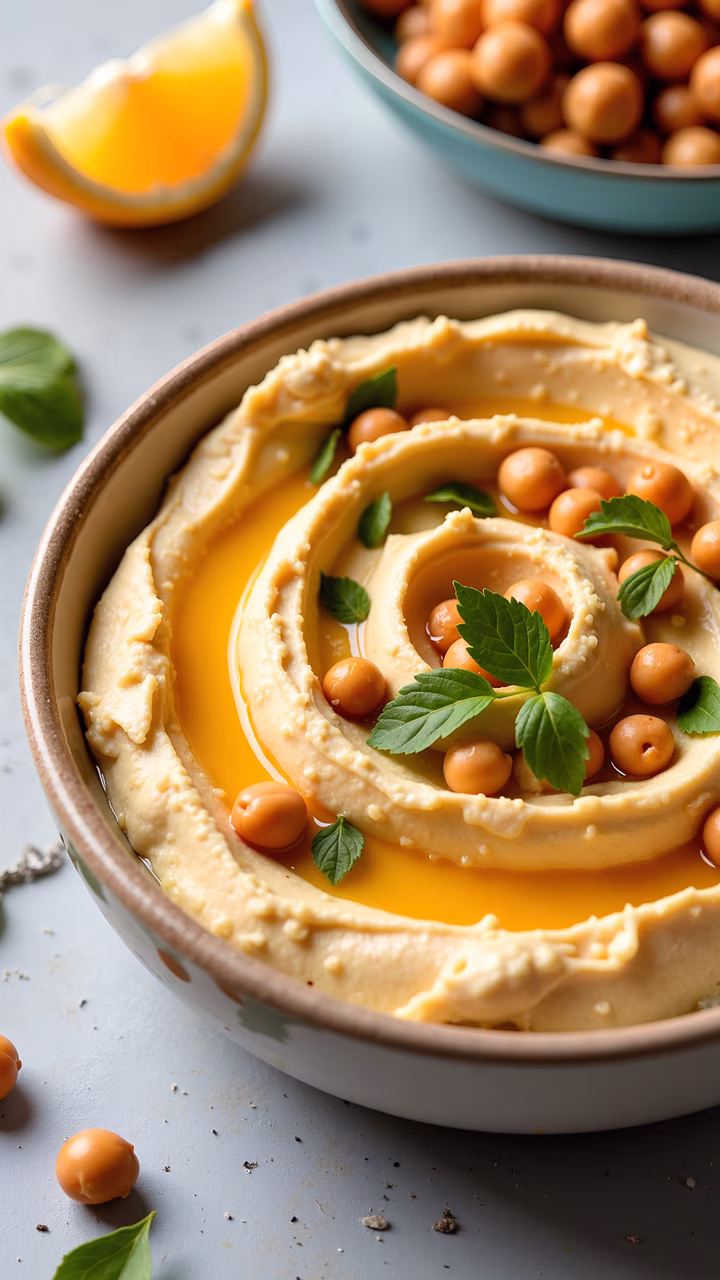 A close-up of a hummus bowl with olive oil and chickpeas garnish, perfect for food enthusiasts.