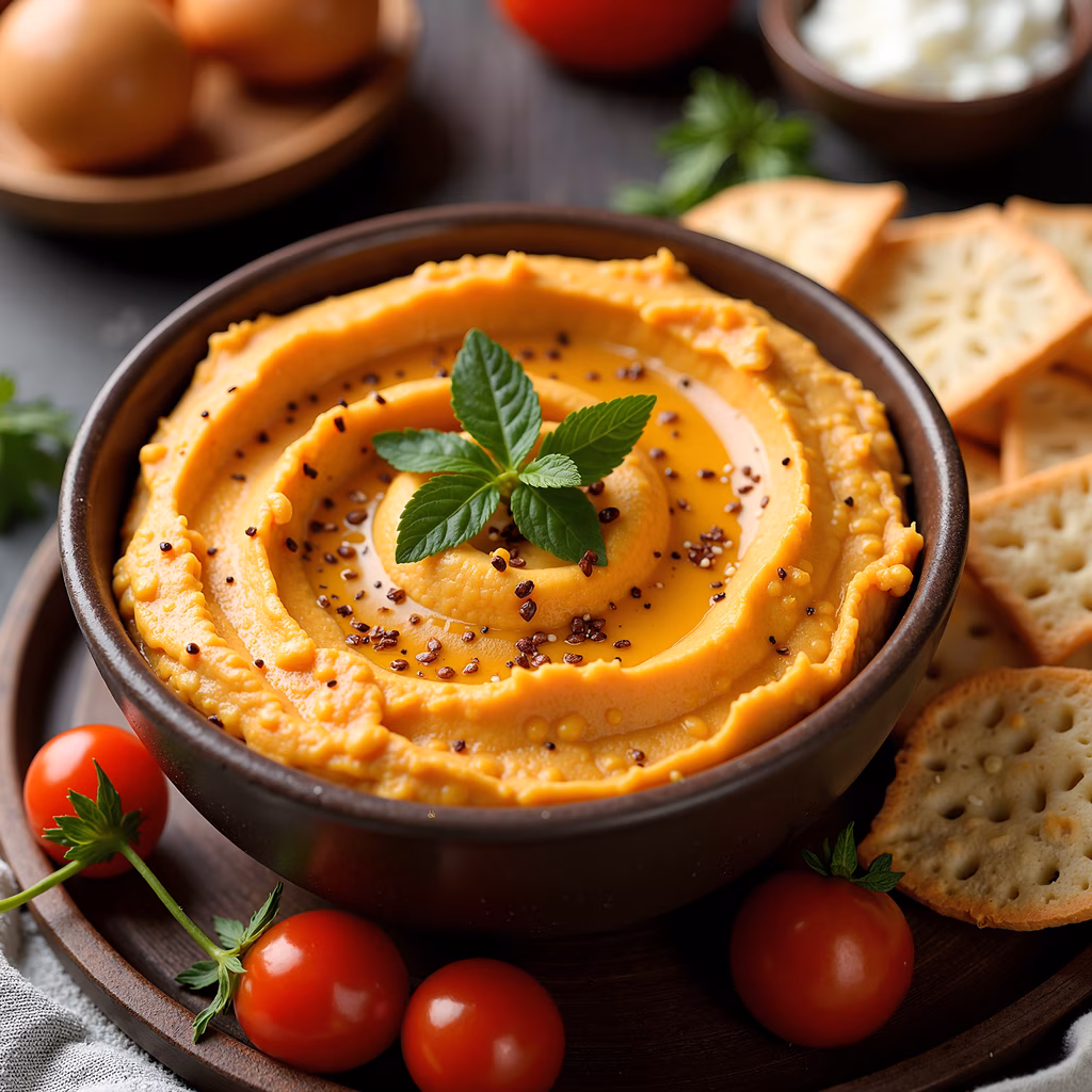 A close-up of a hummus bowl with mint and crackers, perfect for food enthusiasts and health-conscious individuals.