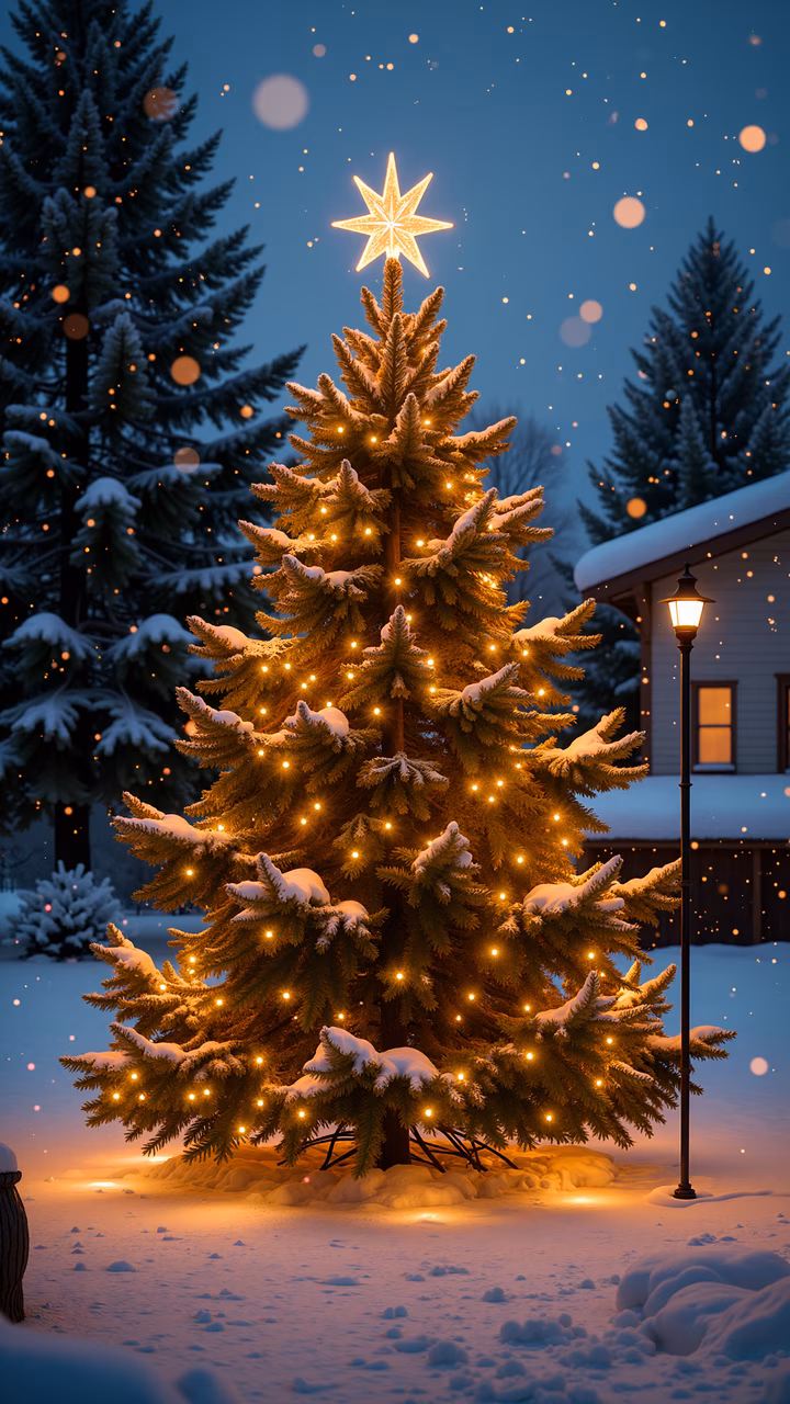 A glowing Christmas tree in a snowy landscape at dusk.