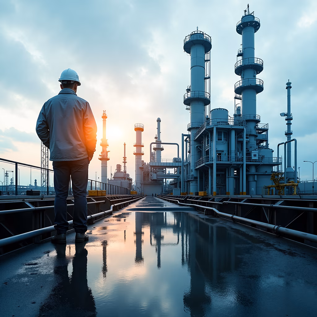 A solitary figure observes a vast industrial landscape at dawn, reflecting the serene beauty of early morning.