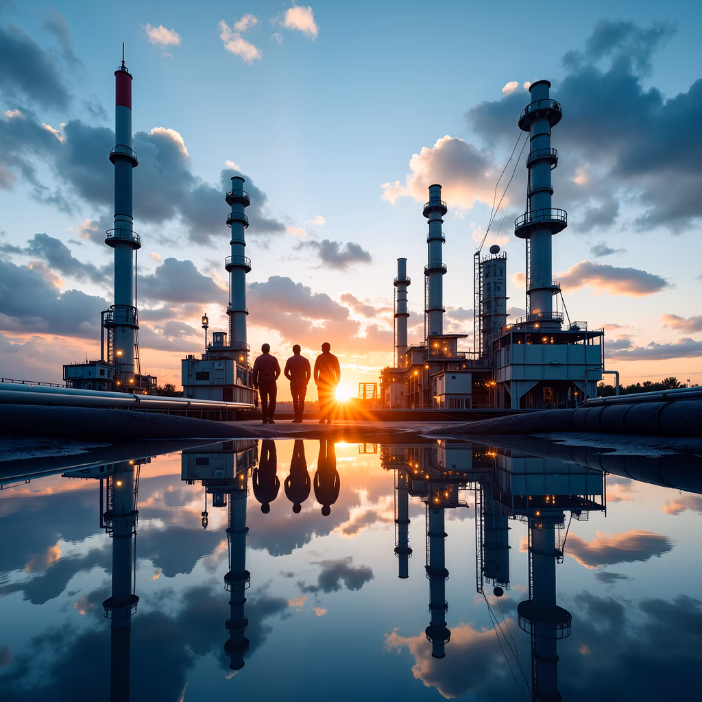 Three figures walking towards a vibrant sunset at an industrial site, reflected in still water.