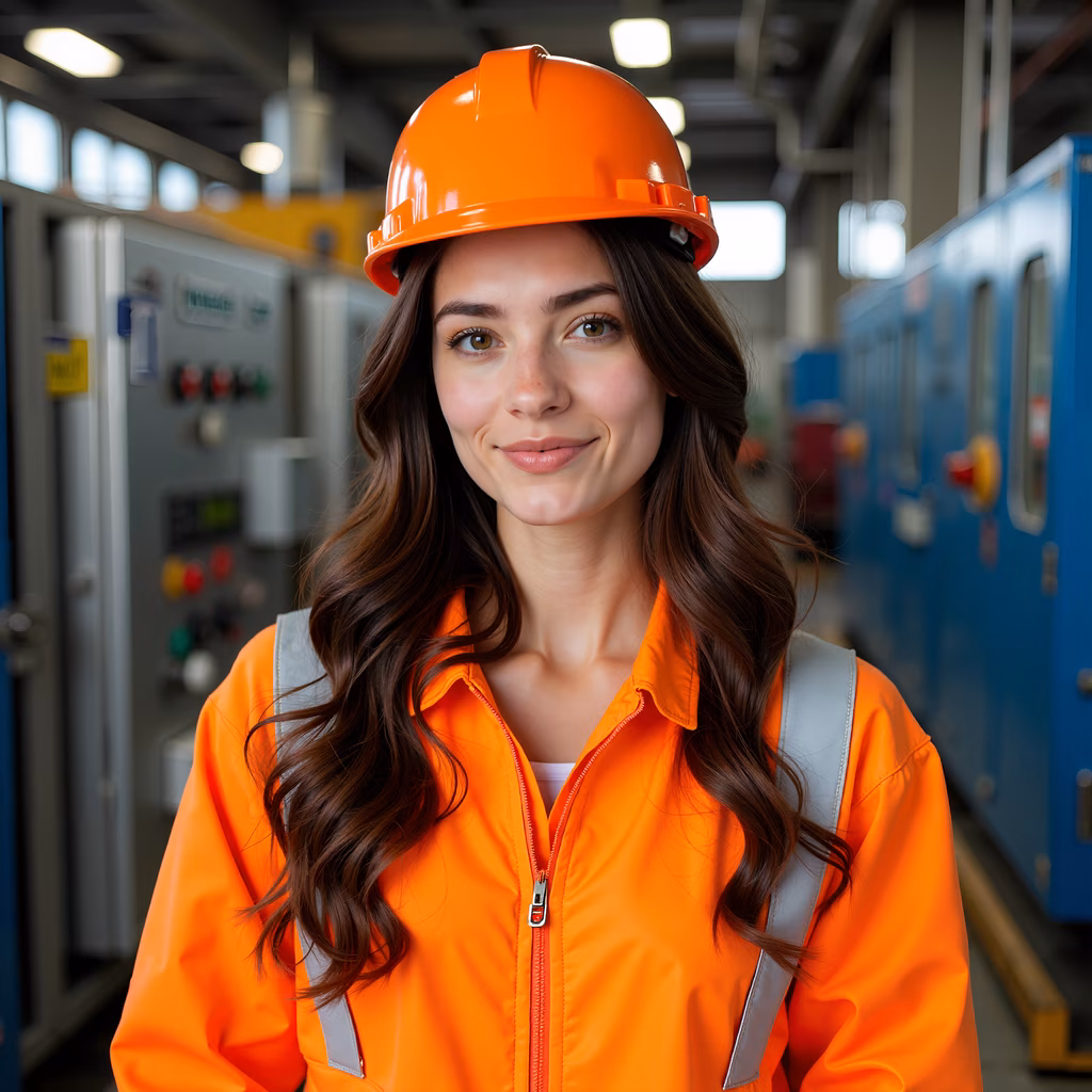 Confident female worker in an industrial setting, wearing bright orange safety gear.