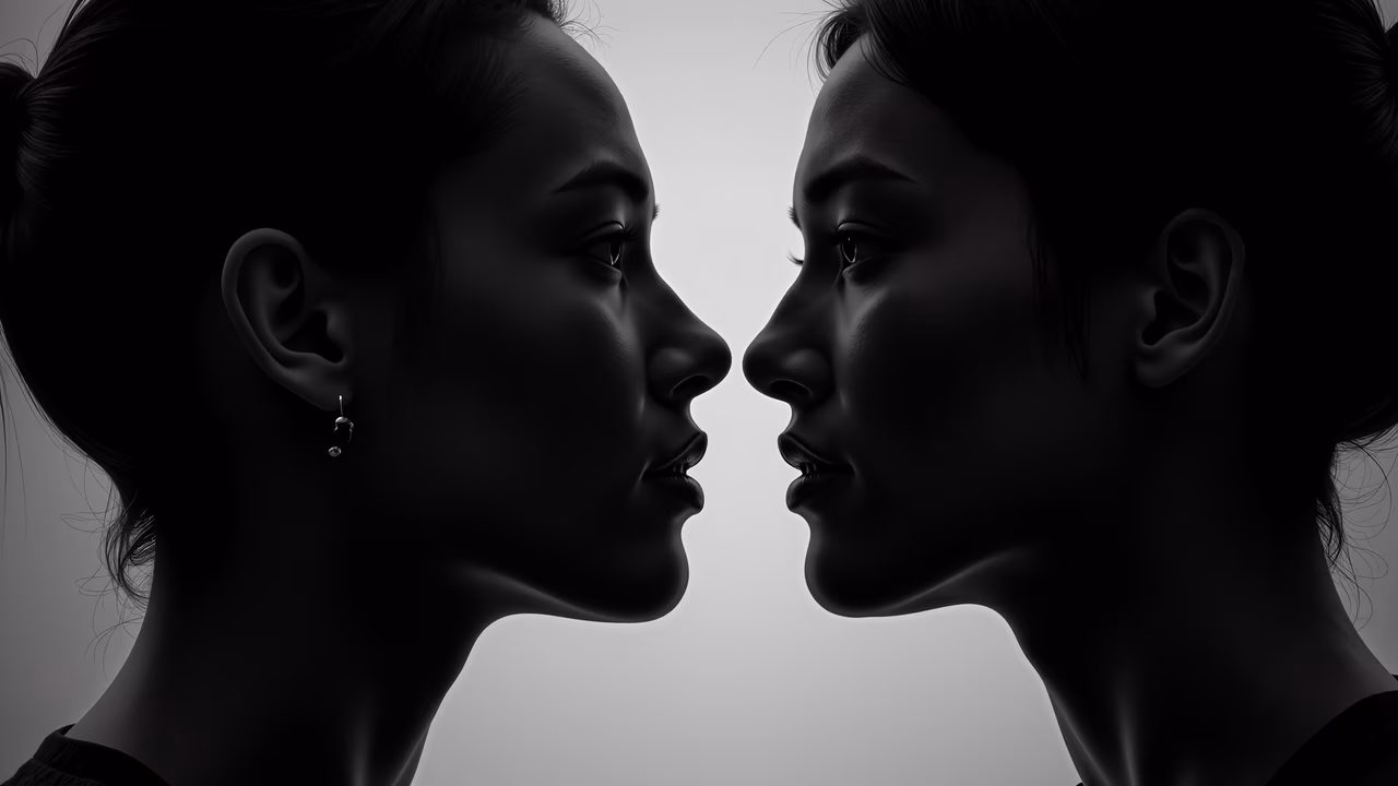 Black-and-white portrait of two profiles facing each other, emphasizing intimacy and emotional depth.