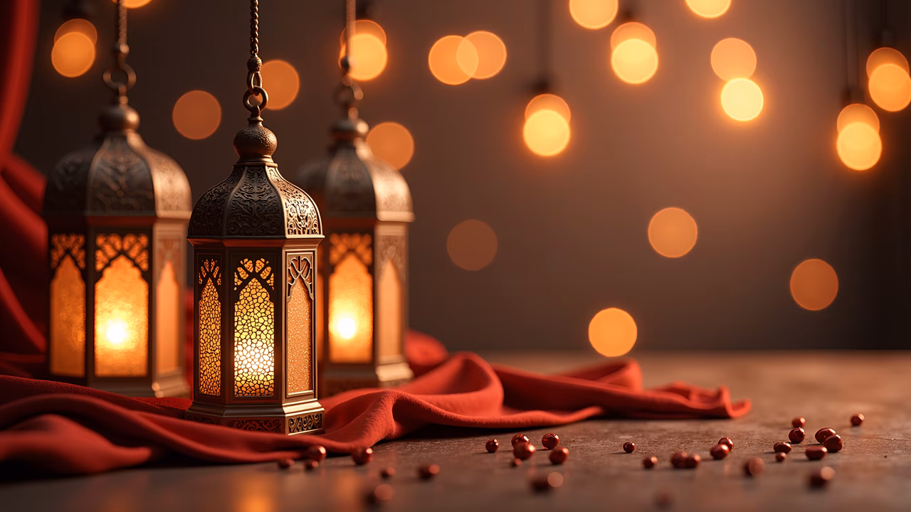 Ornate lanterns and red silk fabric create a warm and festive holiday scene.