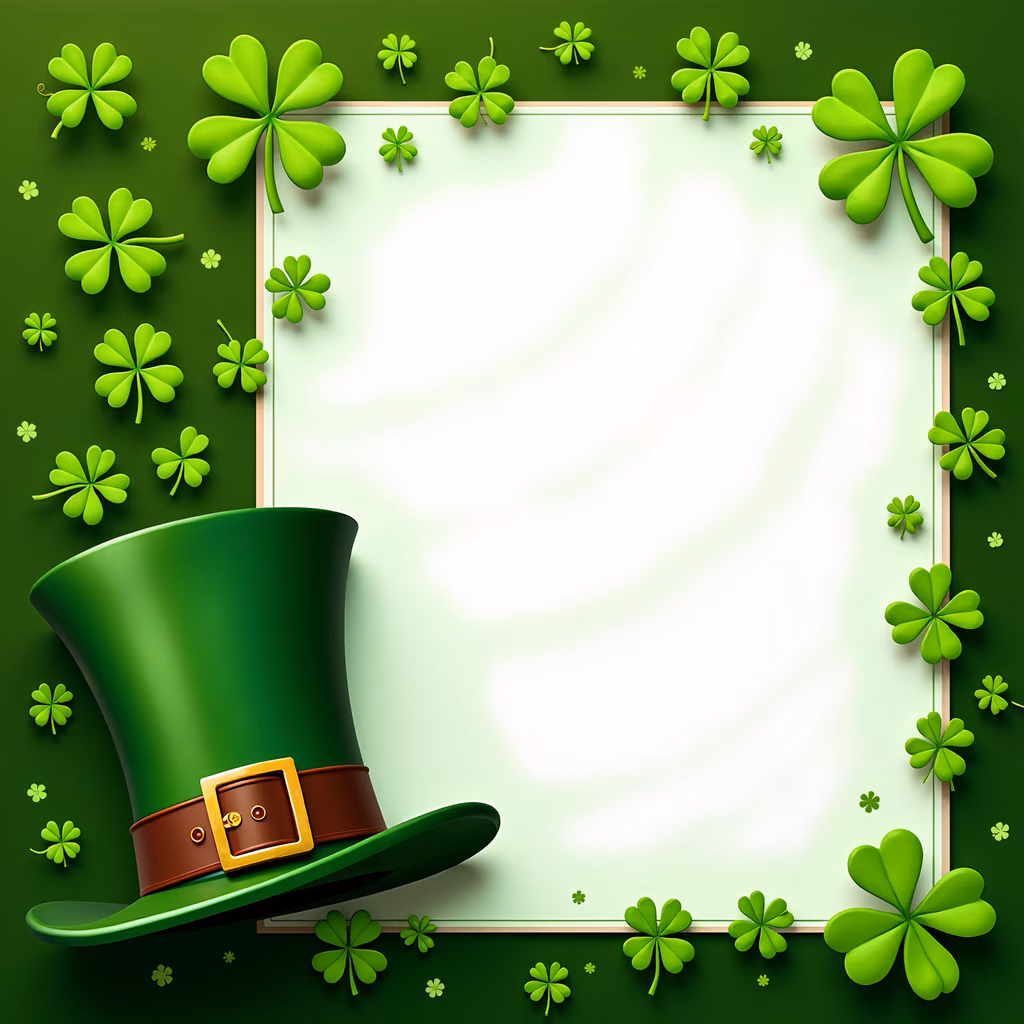 Whimsical green leprechaun hat frame with clover decorations for St. Patrick’s Day celebration.
