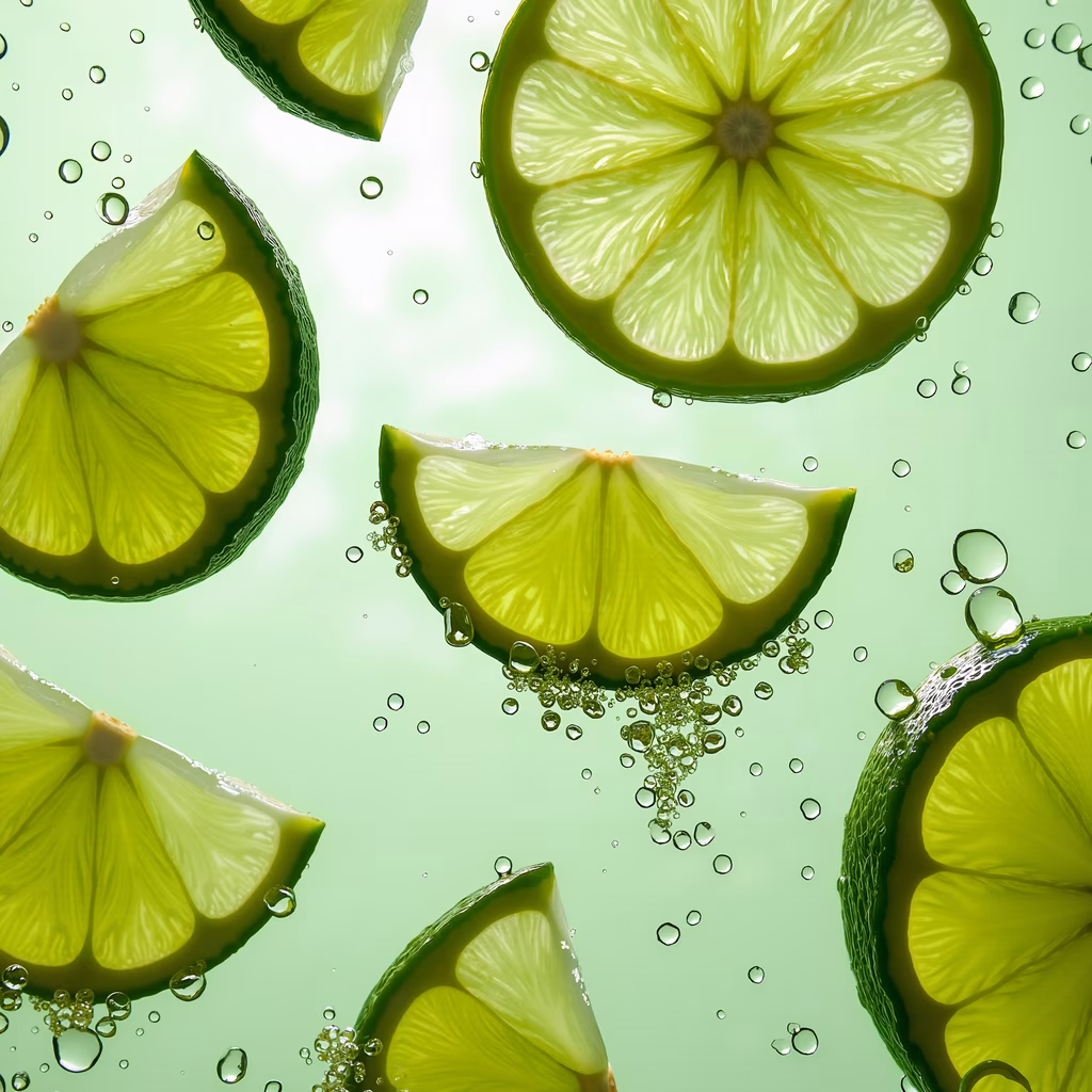Vibrant lime slices floating in refreshing green water, perfect for summer drinks and food photography.