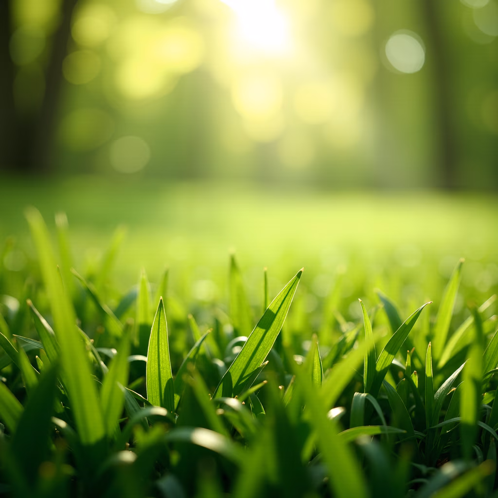 Close-up of lush green grass illuminated by warm sunlight, evoking a sense of freshness and vitality.
