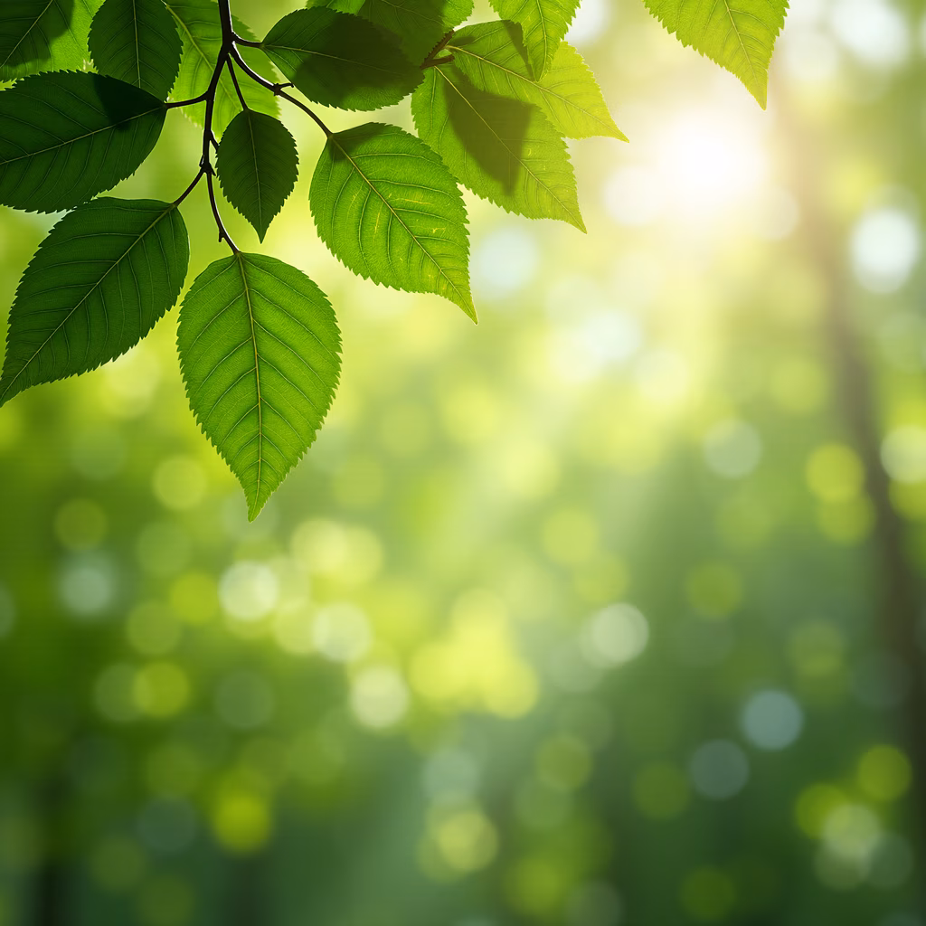 Vibrant green leaves against a soft, dreamy background, symbolizing nature's vitality and freshness.
