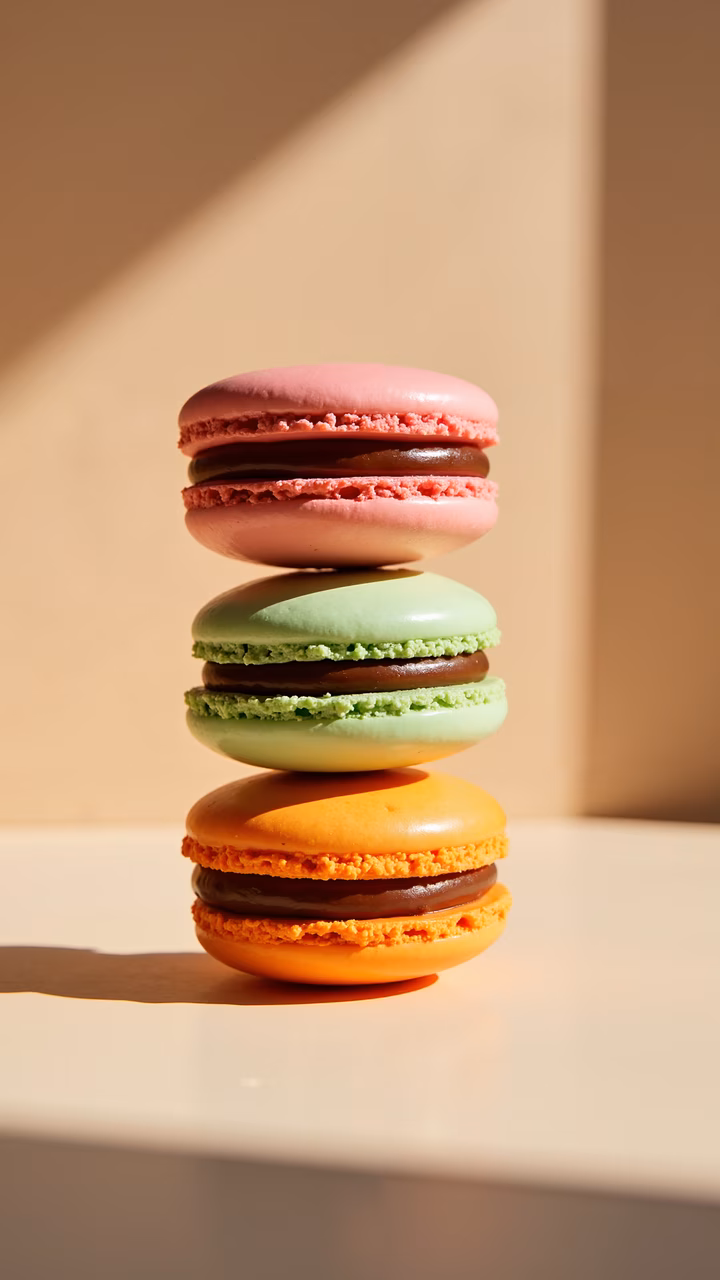 Vibrant macarons stack, soft beige background, warm sunlight, glossy texture, playful atmosphere.