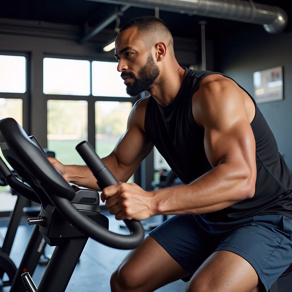 Focused cyclist in a modern gym setting, highlighting fitness and determination.