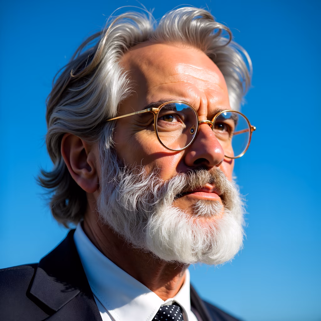 Close-up portrait of a man with gray hair and glasses against a clear blue sky.