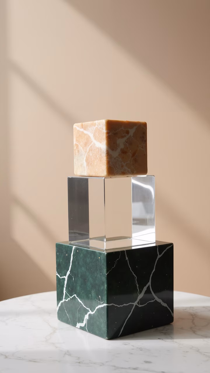 Minimalist still life with stacked marble and glass cubes, soft natural lighting, and neutral background.