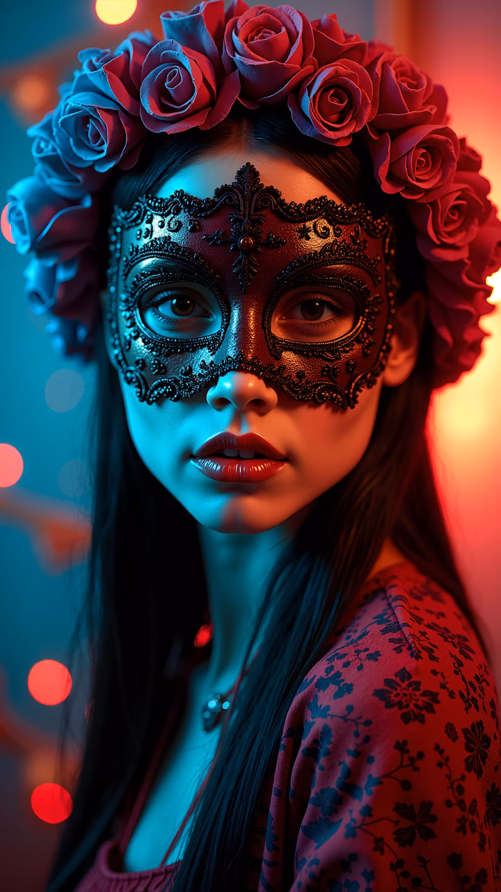A mysterious woman wearing a detailed mask and a crown of roses, set against a vibrant bokeh background.