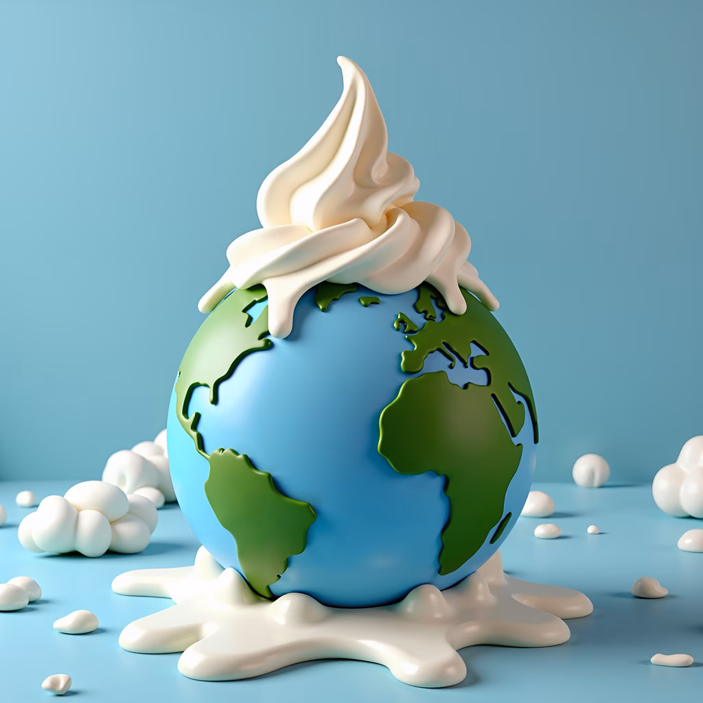A melting Earth symbolizes global warming in a surreal pastel setting.