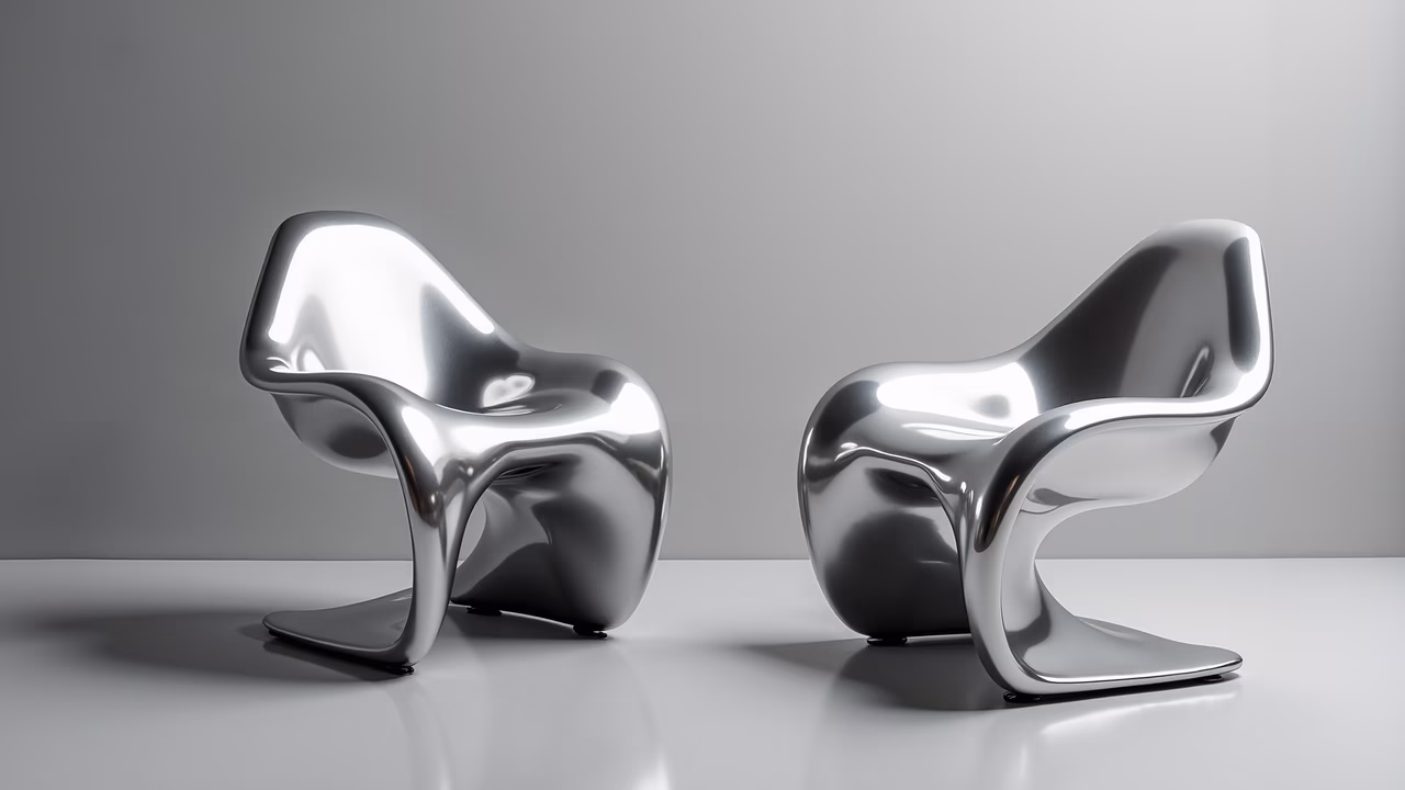 Minimalist metallic chairs with flowing designs in a sleek, modern setting.