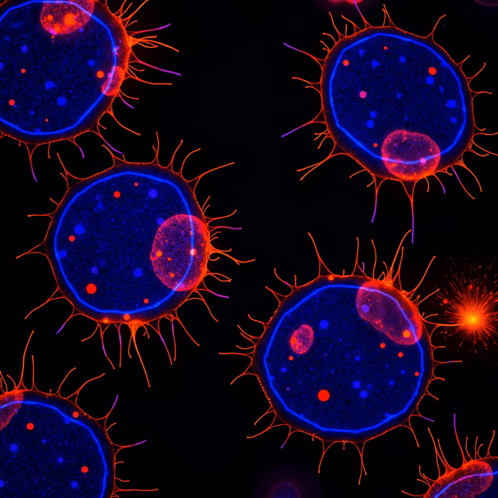 Vibrant microscopic cells with blue and red hues on a black background.