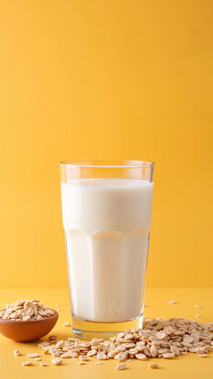 Fresh milk and oats on a yellow background