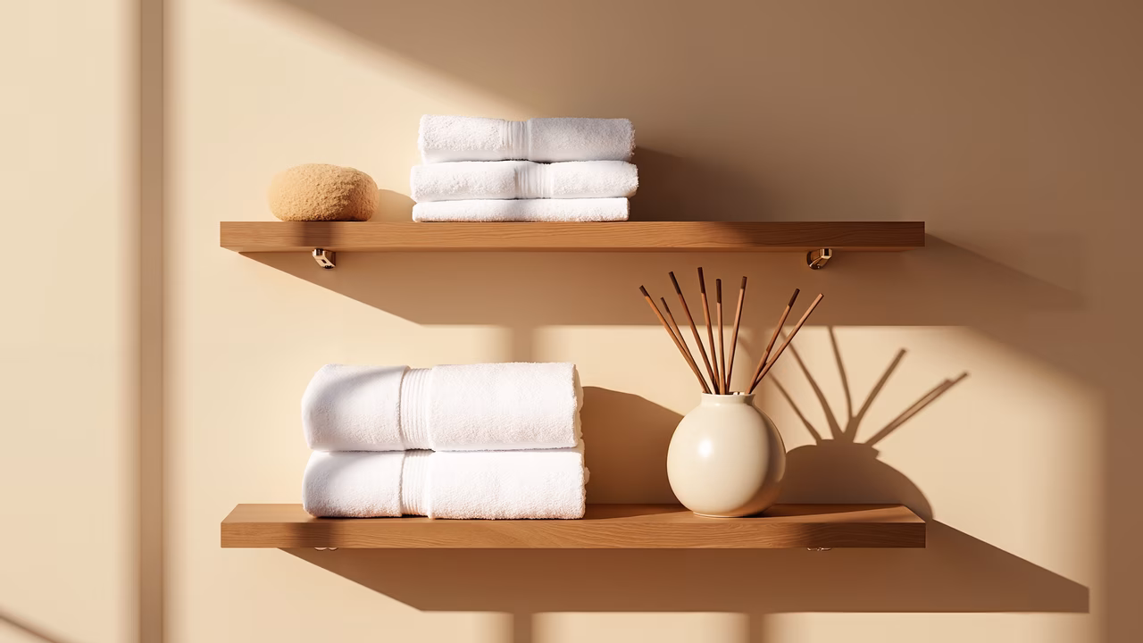 Minimalist bathroom shelves with towels and diffusers, bathed in warm sunlight.
