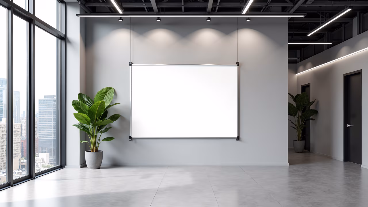 Modern minimalist office with large windows, whiteboard, and green plants.