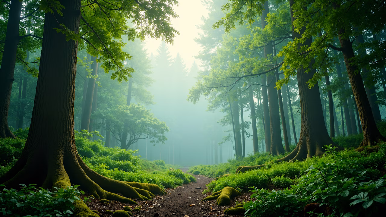 A peaceful forest path surrounded by tall trees and vibrant greenery under soft, diffused light.