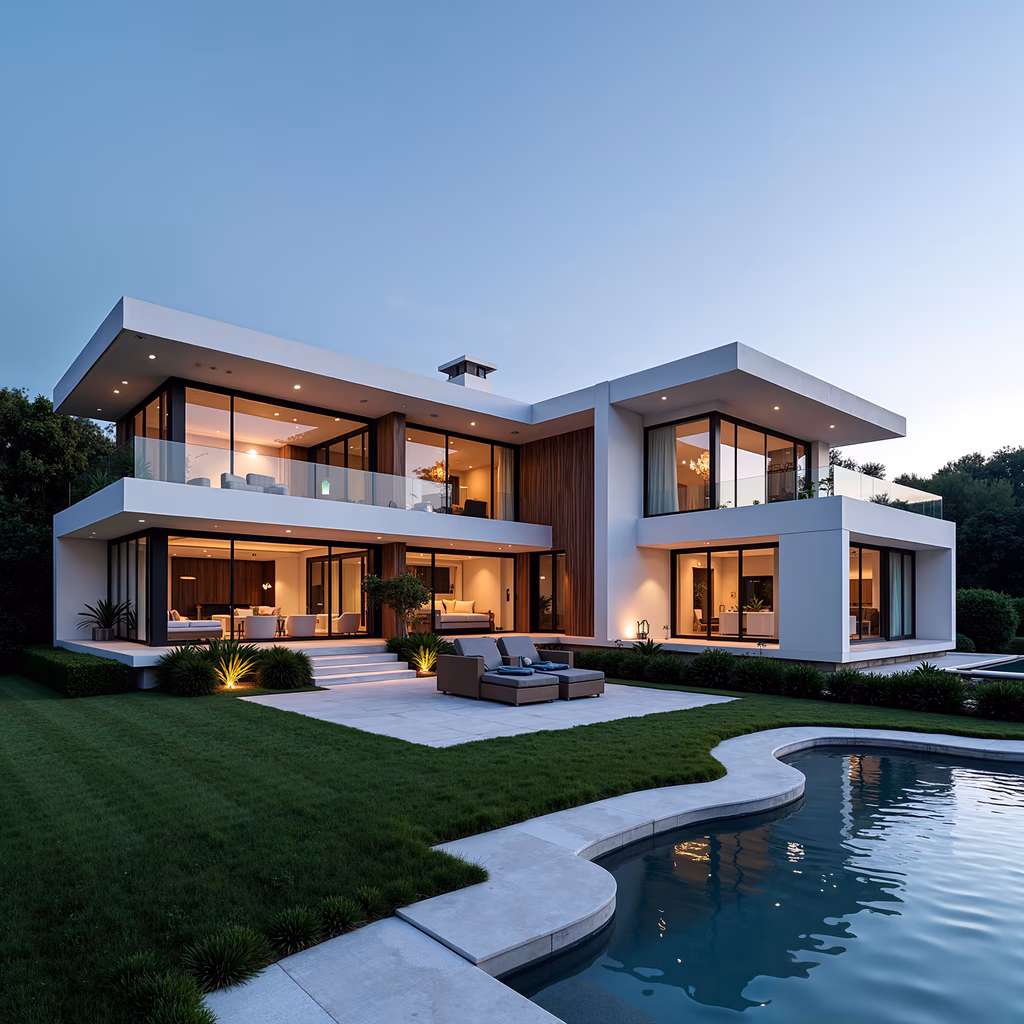Modern luxury home with glass windows and wooden accents at dusk.