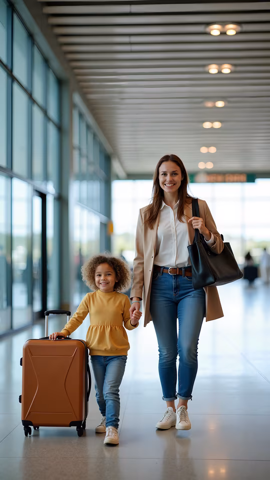 Mother and Daughter Walking Through Airport
