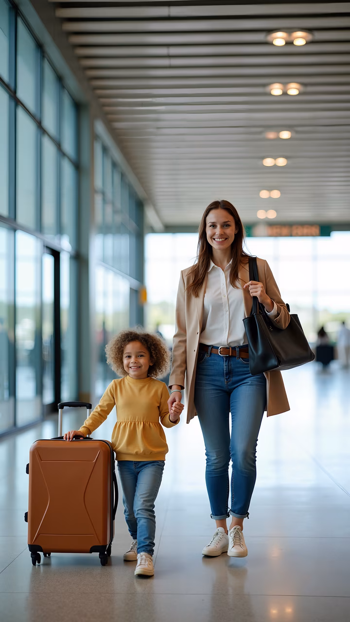 Mom and daughter walking through airport terminal, holding hands, warm family moment.