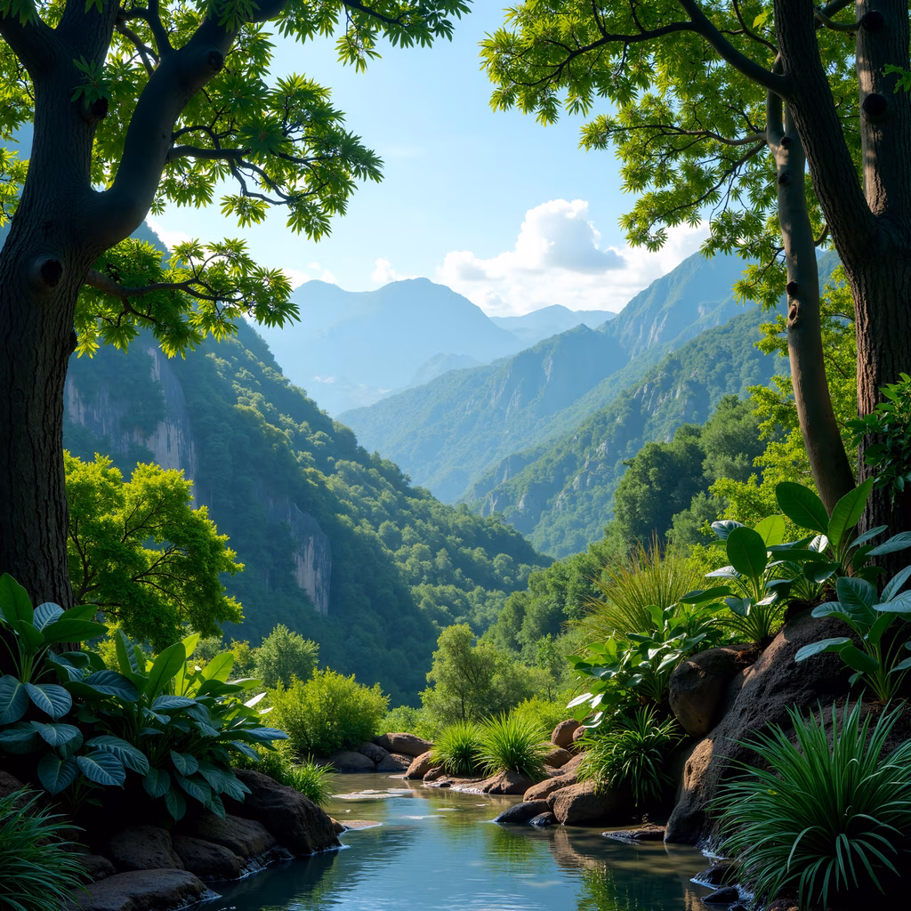 A tranquil mountain valley scene with vibrant greenery and distant hills under a clear blue sky.