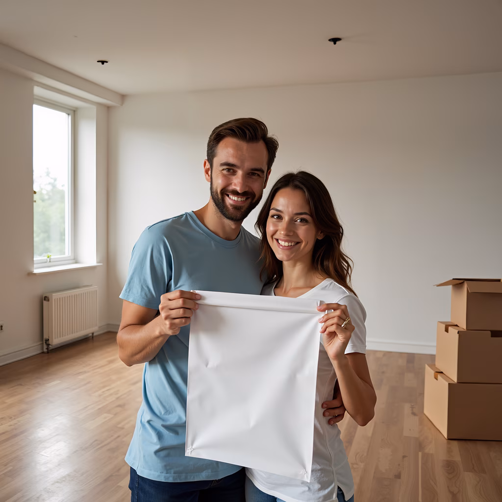 Joyful couple celebrating moving day in their new home.