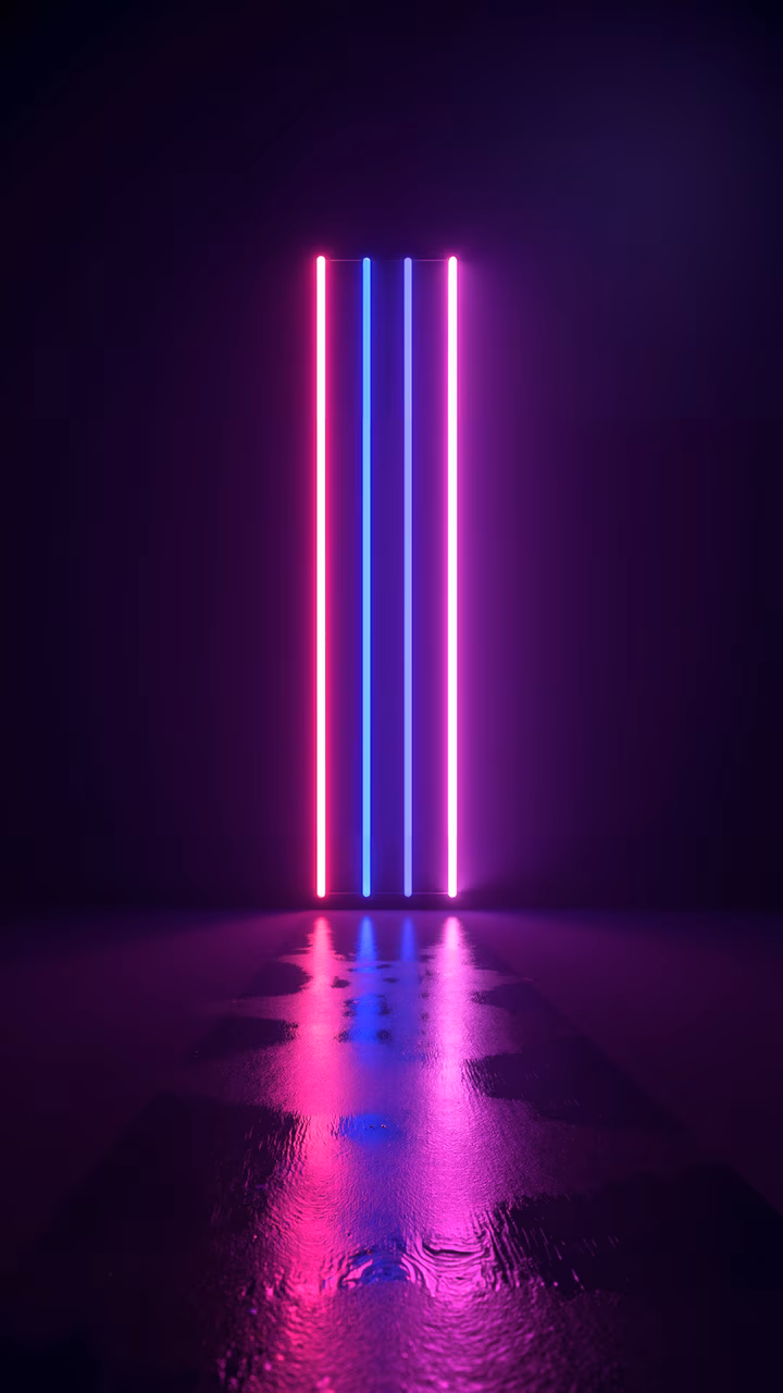 Vibrant neon lights reflecting off a wet surface, creating a dynamic interplay of colors and shadows.