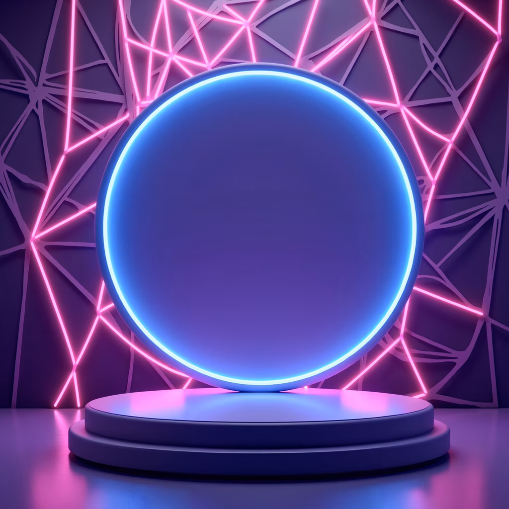 Vibrant neon-lit podium with geometric background, futuristic design.