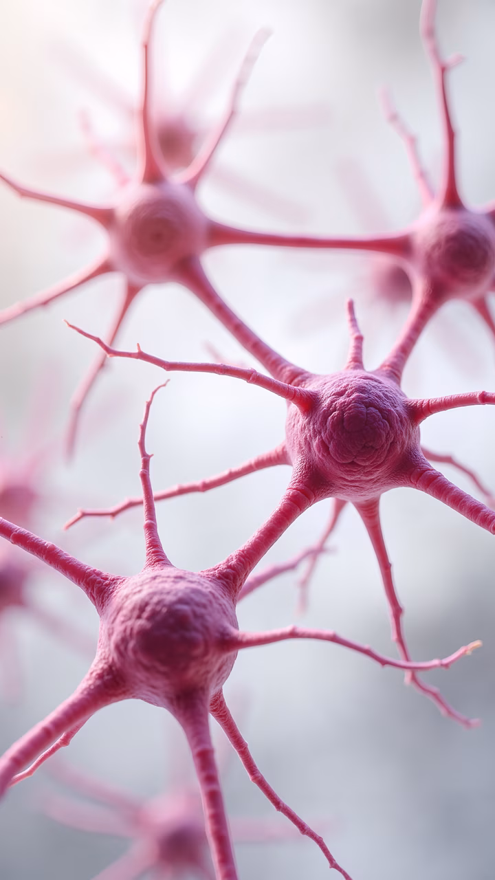 Close-up of pink neurons with intricate dendrites, emphasizing scientific complexity and beauty.