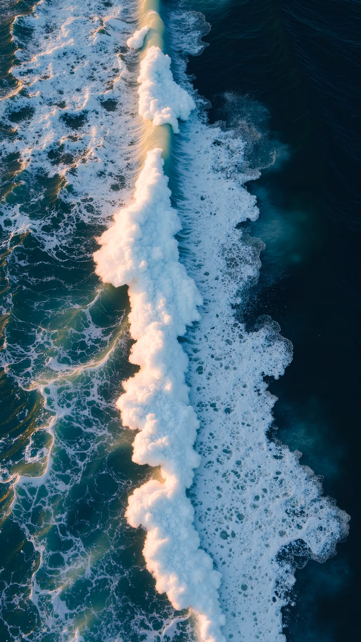 Aerial view of ocean waves and foam illuminated by sunlight.