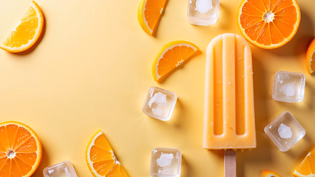 Bright orange popsicle with fresh oranges and ice cubes on a yellow background.