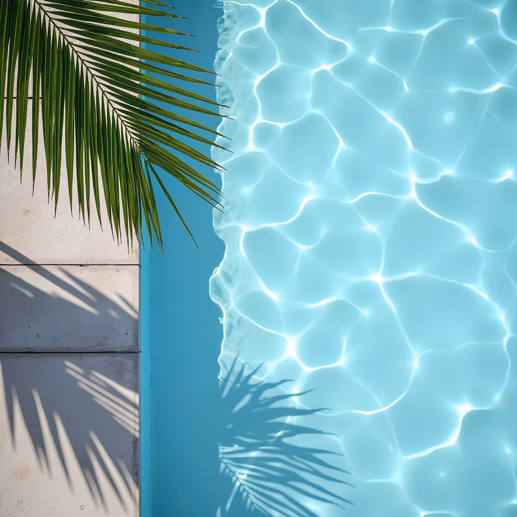 Palm leaf shadows on a turquoise pool, evoking summer serenity.