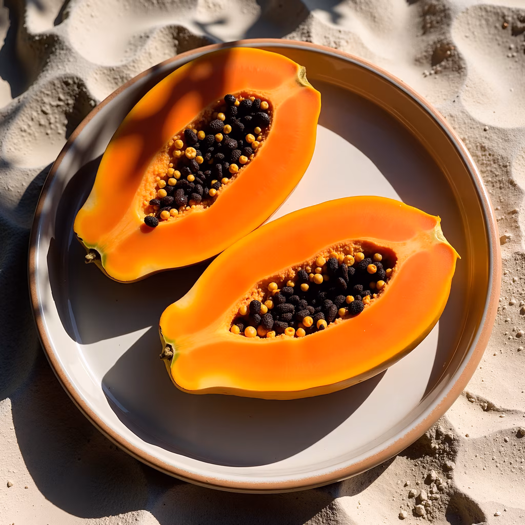 Close-up of papaya halves on a plate, set against a sandy beach backdrop.