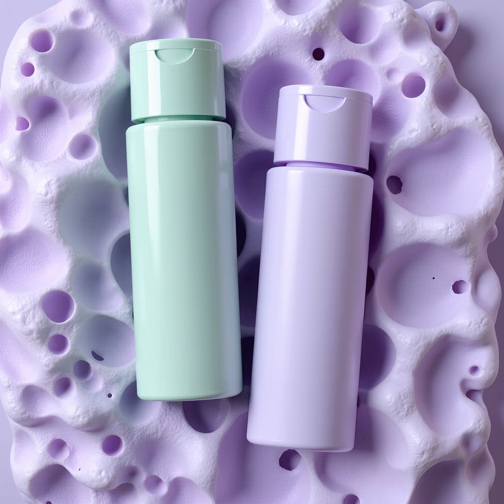 Pastel bottles on a textured sponge surface, minimalist design, soothing tones.