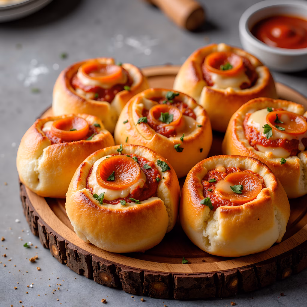 Golden pepperoni pizza rolls on a rustic wooden board, perfect for snack time!