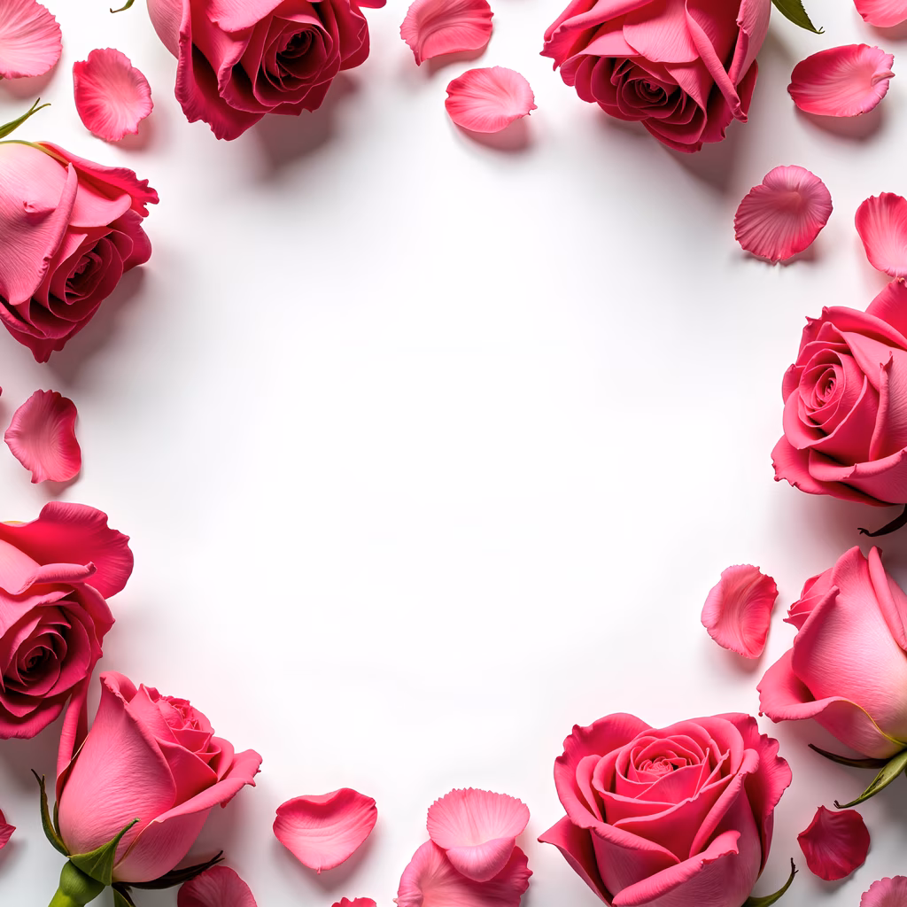 A circular frame of pink roses and petals on a white background.
