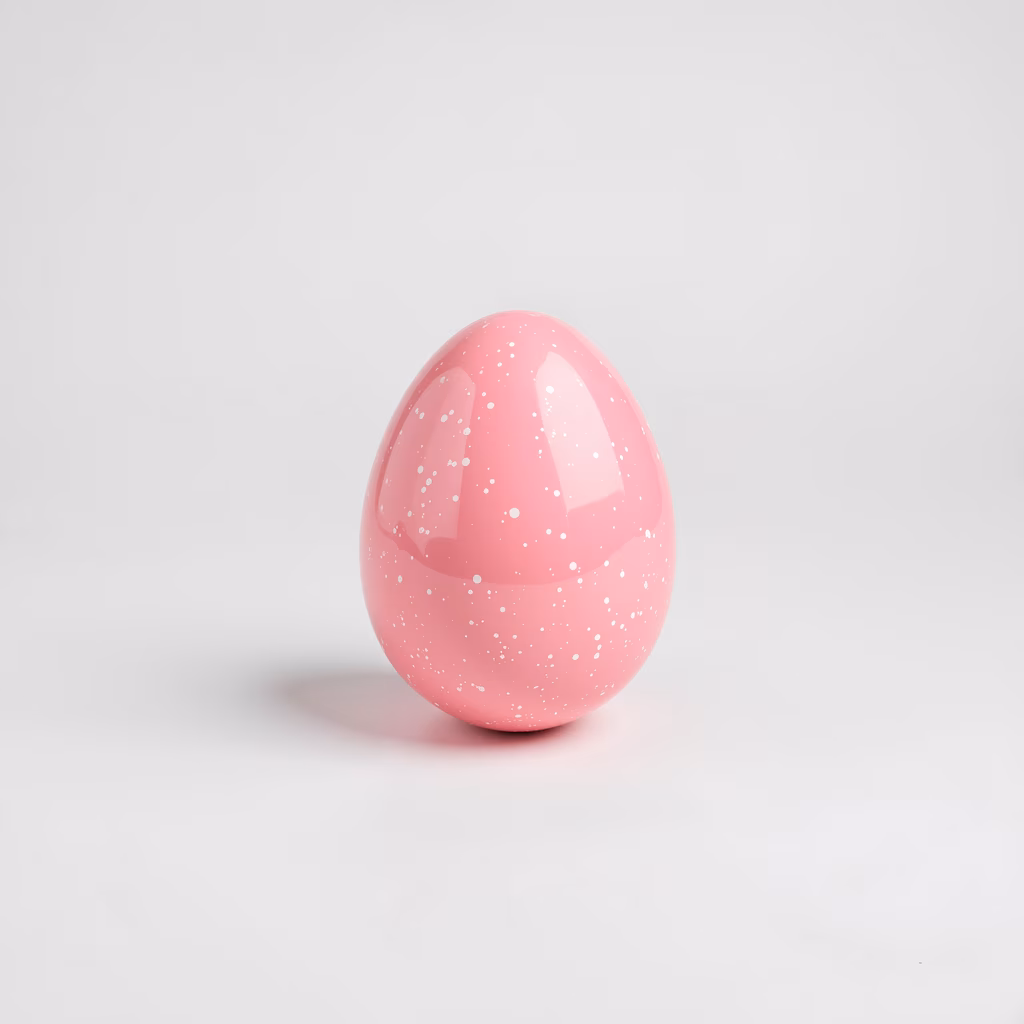 Minimalist still life featuring a glossy pink speckled egg on a white background.