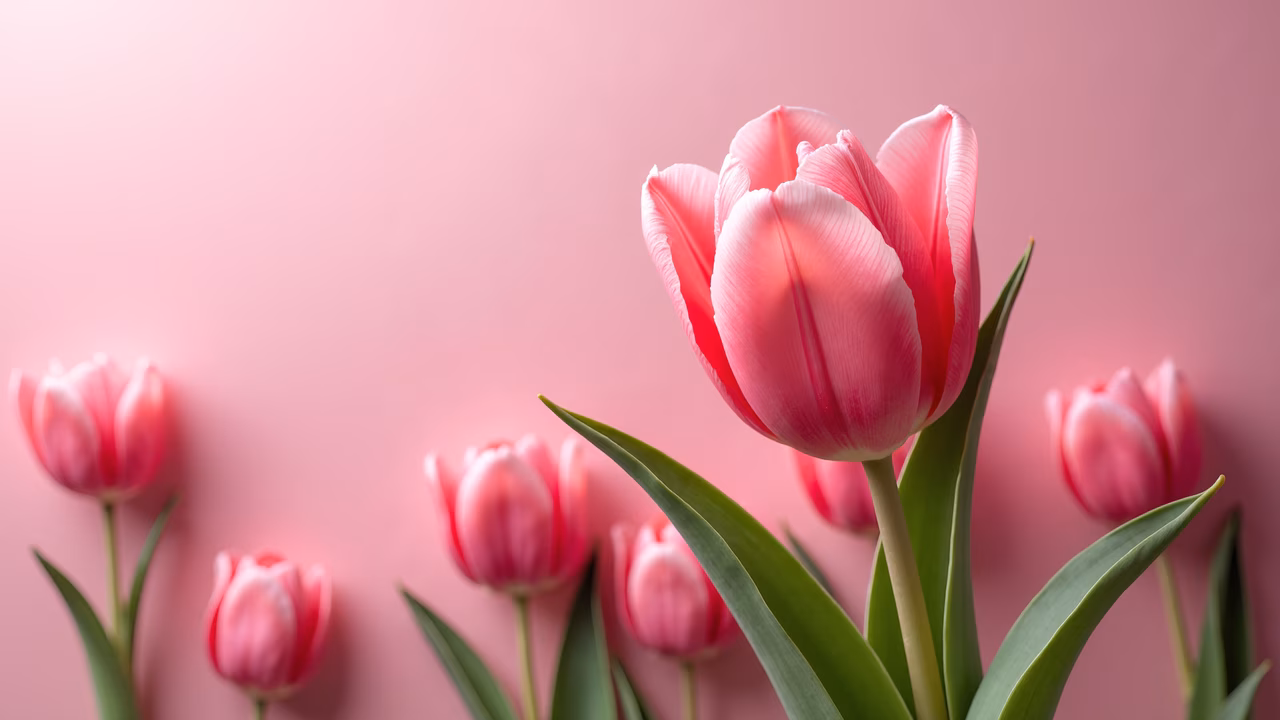 Vibrant pink tulips against a soft pink backdrop, evoking romance and freshness.