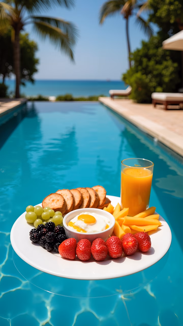 Bright and refreshing breakfast by the poolside.