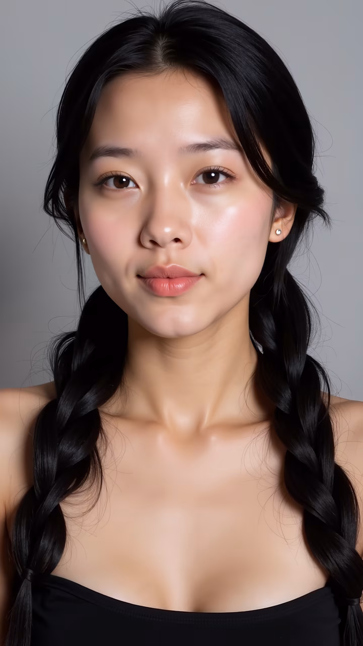 Subtle elegance in a portrait of a woman with braids against a neutral backdrop.