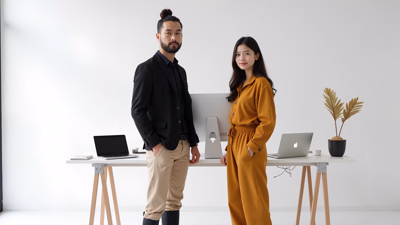 Professional duo portrait in a modern office setting, dressed in business attire, exuding confidence and teamwork.