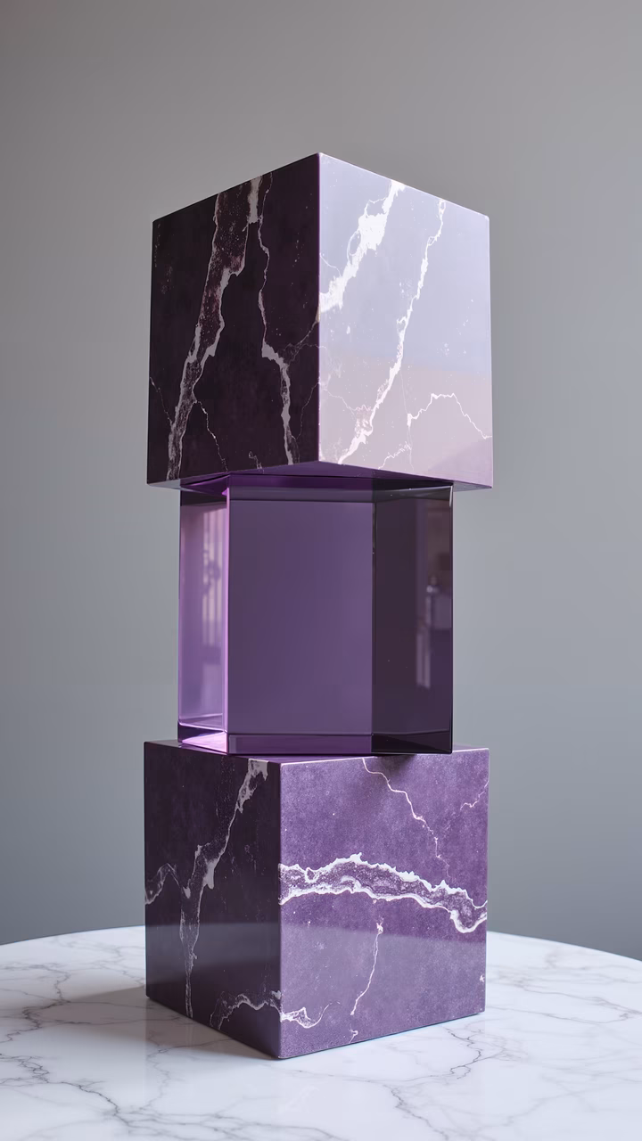 Stacked purple marble cubes on a white marble base, elegant and sophisticated design.